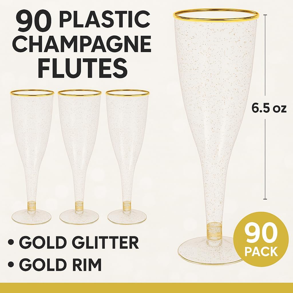 Oojami 90 Pack Plastic Champagne Flutes Disposable, 6.5 Oz Gold Glitter with Gold Rim Clear Toasting Glasses for Wedding Birthday Party Mimosa - Image 2