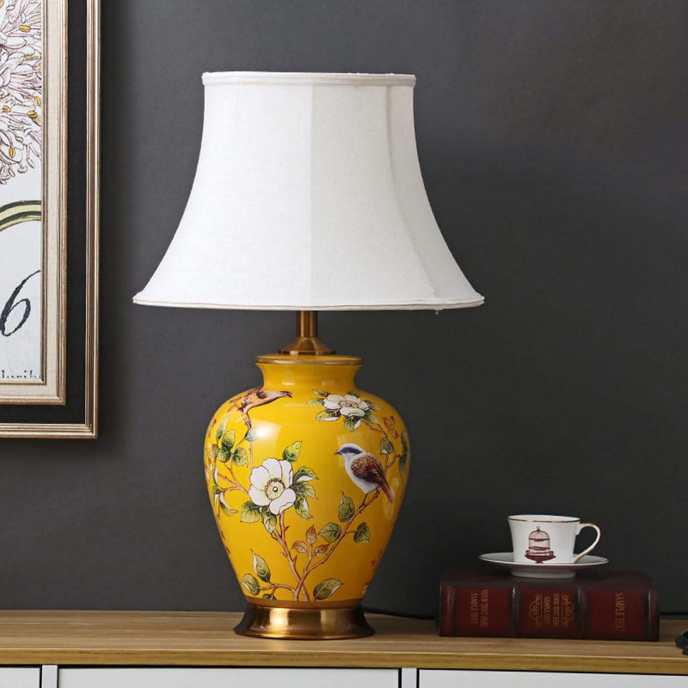 asdchZen 25.6" Chinoiserie Table Classic Cottage Bedside Desk Nightstand Lamp Hand-Painted Flower Bird Ceramic Table Lamp For Bedroom Living Room Office College Bookcase-C,H