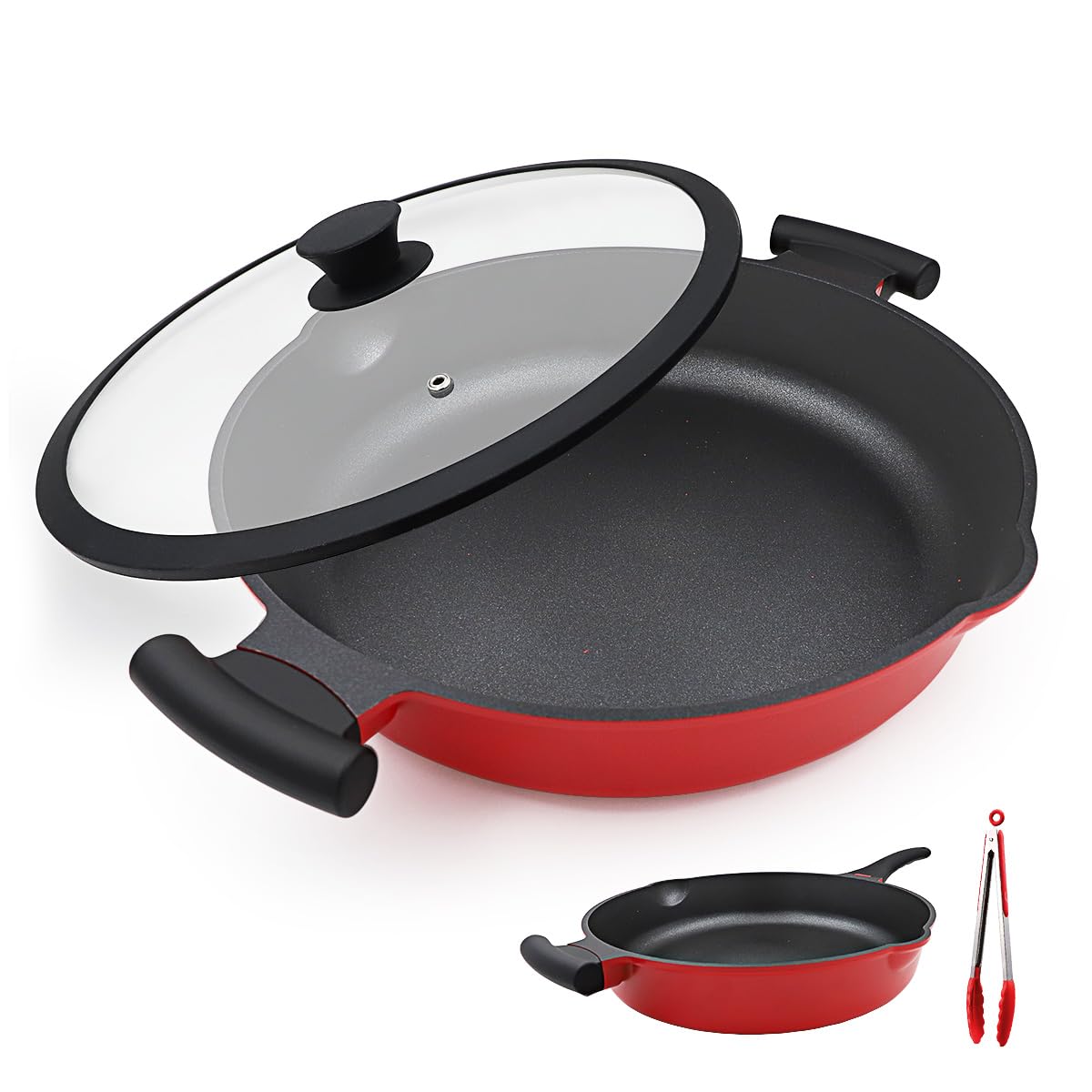 Bobikuke pfanne 32cm mit deckel, 2-In-1 Antihaft Bratpfanne Hoher Rand, Große Aluminium Kochpfanne, PTFE & PFOA frei, für alle Herdarten