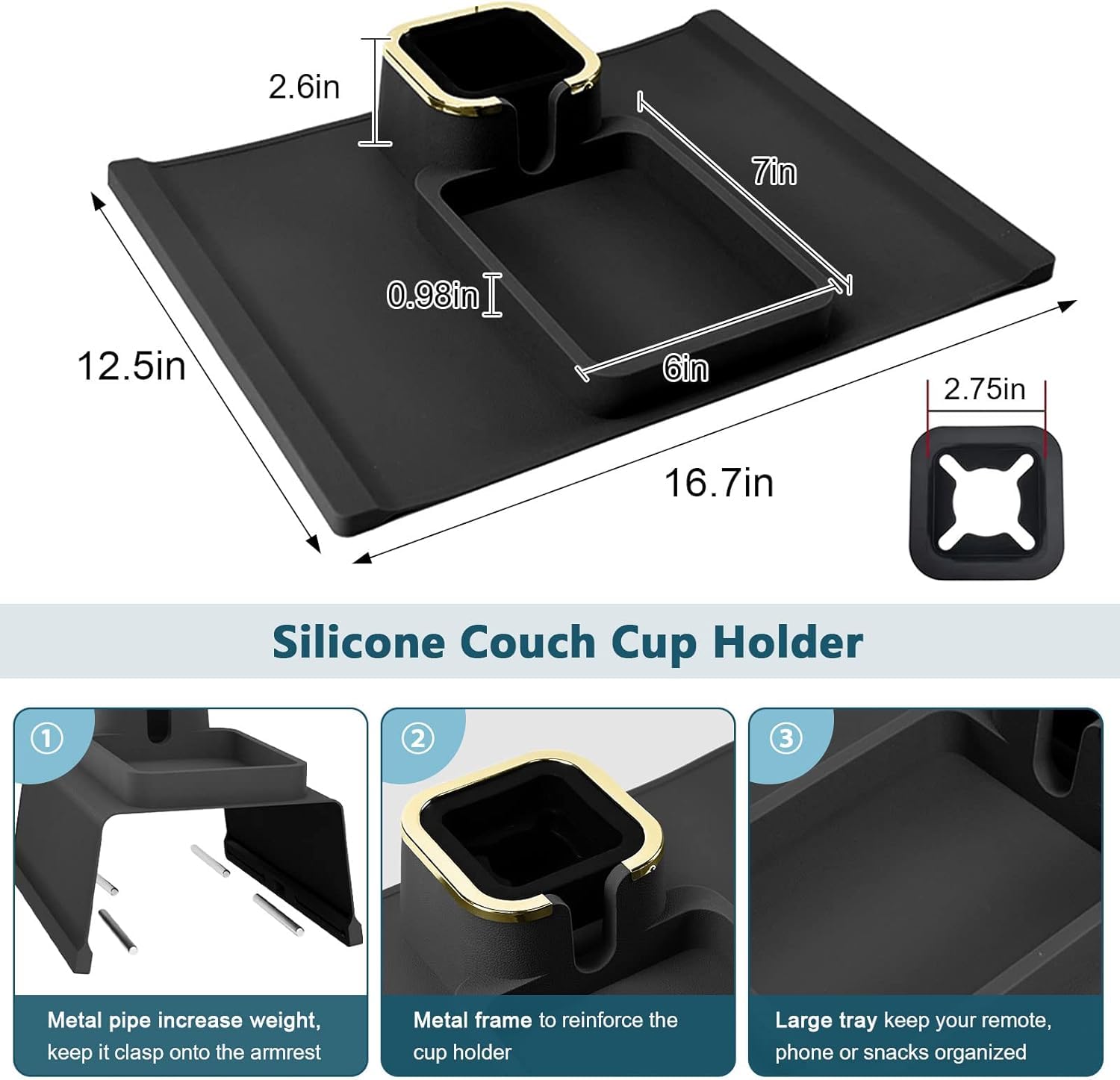 RELEMTRA Non-Slip Couch Drink Holder, Silicone Suit for Remote Control, Snacks, Mobile Phone (Black) Couch Cup Holder, Sofa Armrest Tray Sofa and Chair Armrest Usage 1