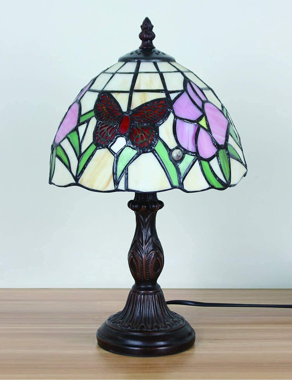 Tischlampe kleine im Tiffany Stil,Vintage Nachttischlampe,Schlafzimmer Deko Lampe,Jugendstil Tischleuchte,Schmetterling Blume Buntglas Lampenschirm mit 20cm / 8 Zoll Mit E14 LED Birne