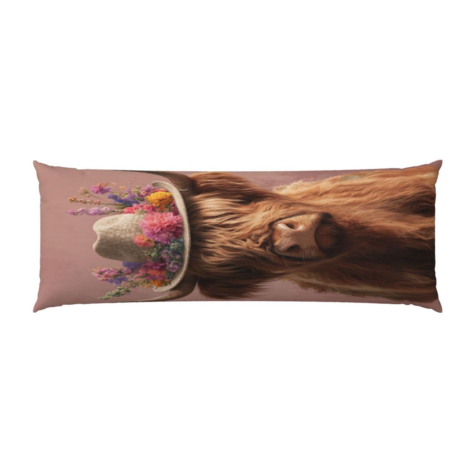 Brown Highland Cow Floral Cowboy Hat Body Pillow Cover With Zipper Closure, Cozy Fuzzy Long Fleece Pillowcase Cover 20 X 54 Inches
