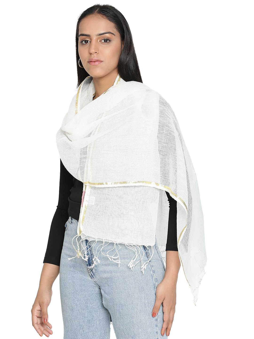 Women's Cotton Linen Scarf with Gold Zari Border – Lightweight, Soft & Elegant Wrap for All Seasons – Festive & Casual Wear (Size: 70X180 cm)-image-32