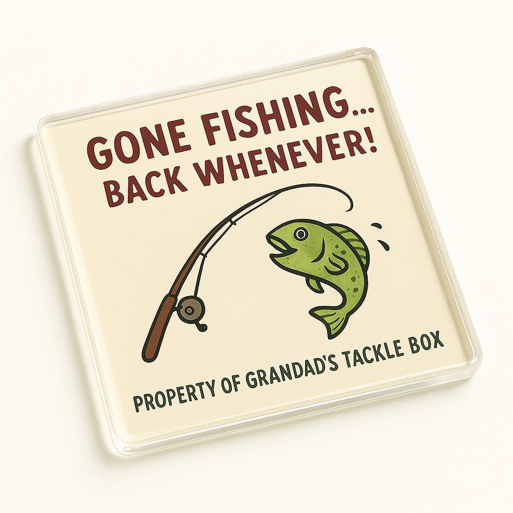 The Plum Penguin Gone Fishin Joy Funny Acrylic Coaster Gift For Grandad's Birthday - Whimsical Fishing Design Novelty Present Desk Accessory