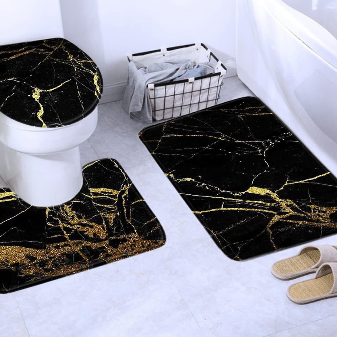 Lot de 3 Tapis de Bain antidérapants en Polyester Doux pour Salle Bain - 50 x 80 cm - et Or