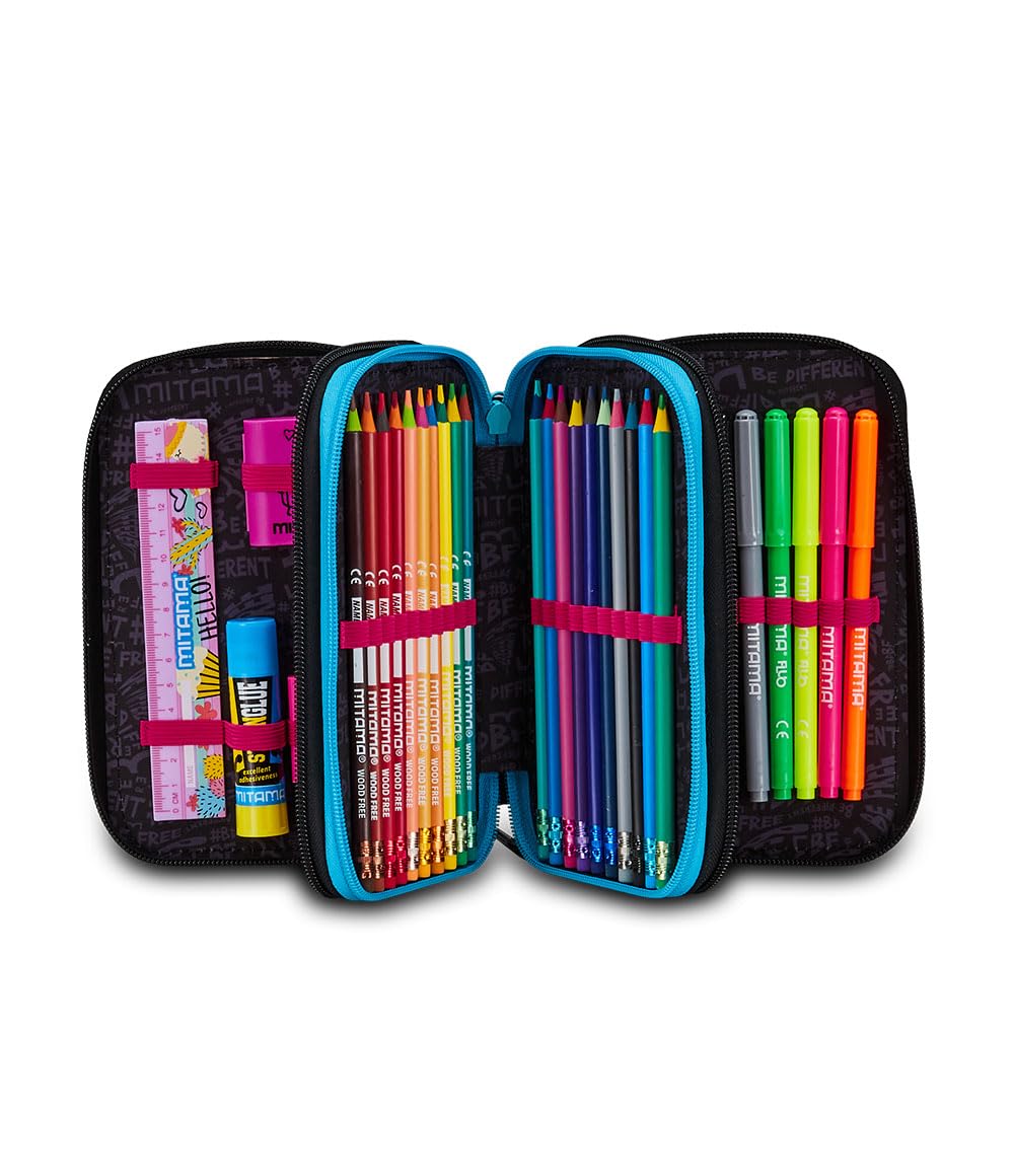 Mitama Astuccio Scuola 3 Scomparti, SUPER TRIPLO COLOR SPLASH GIRL, Contenuto 50 pz, Completo di Matite, Pennarelli, Portapenne Scuola Elementare Bambina