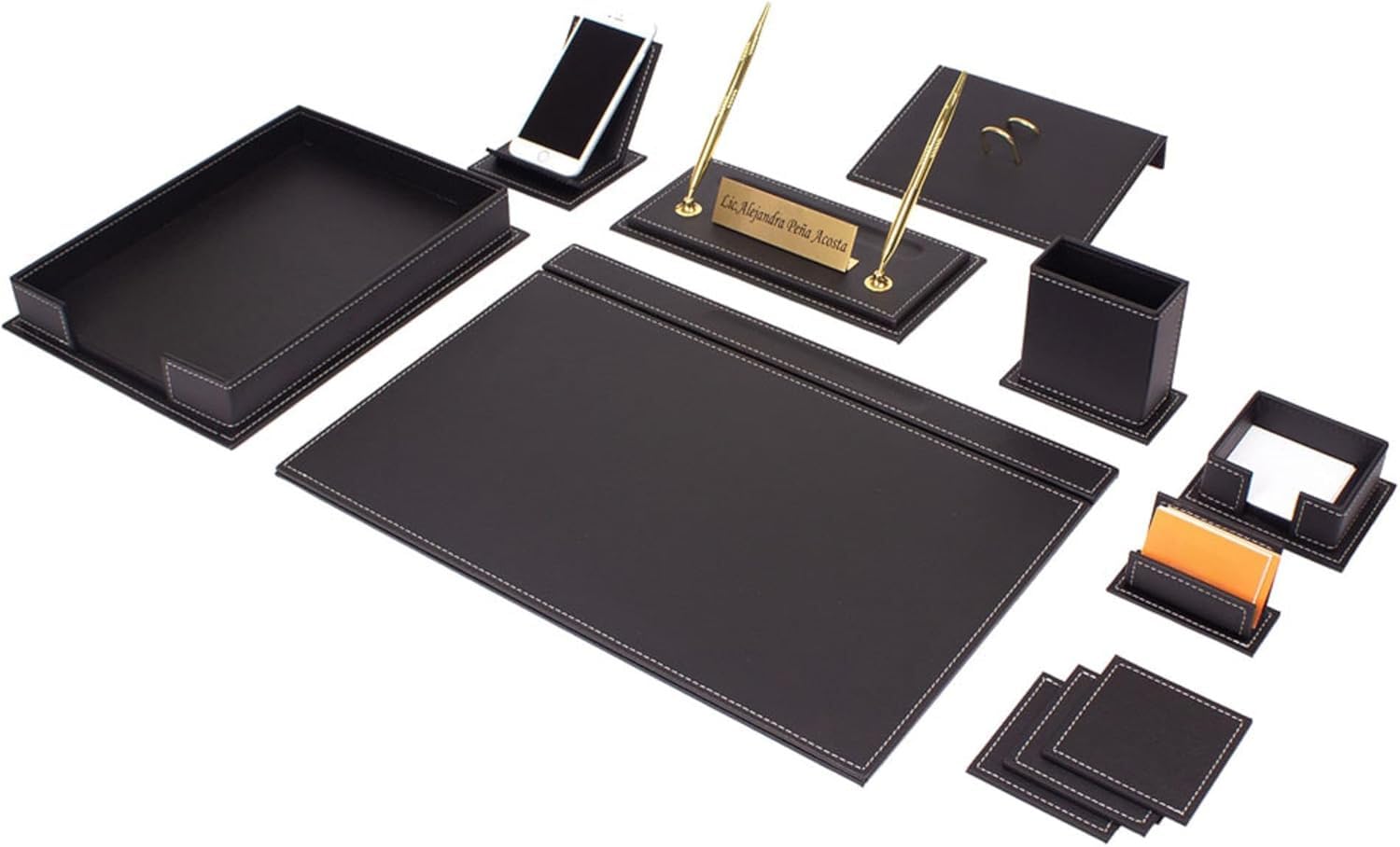 Leather Desk Set-Desk Office Accessories-Office Organizer- Home Office Accessories - Desk Supplies - Desk Storage Organizer -Desk Pad-Storage-13 Pieces -13 PCS (Black) — image 1