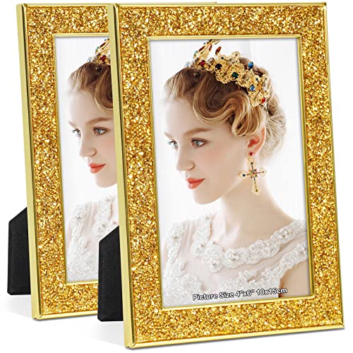Iziddo 4X6 Picture Frames Set Of 2,Diamond Gold Photo Frame, Made Of Metal And Real Glass,Sparkle Frames For Wall Or Tabletop Display(4X6, Gold)… #TOP29