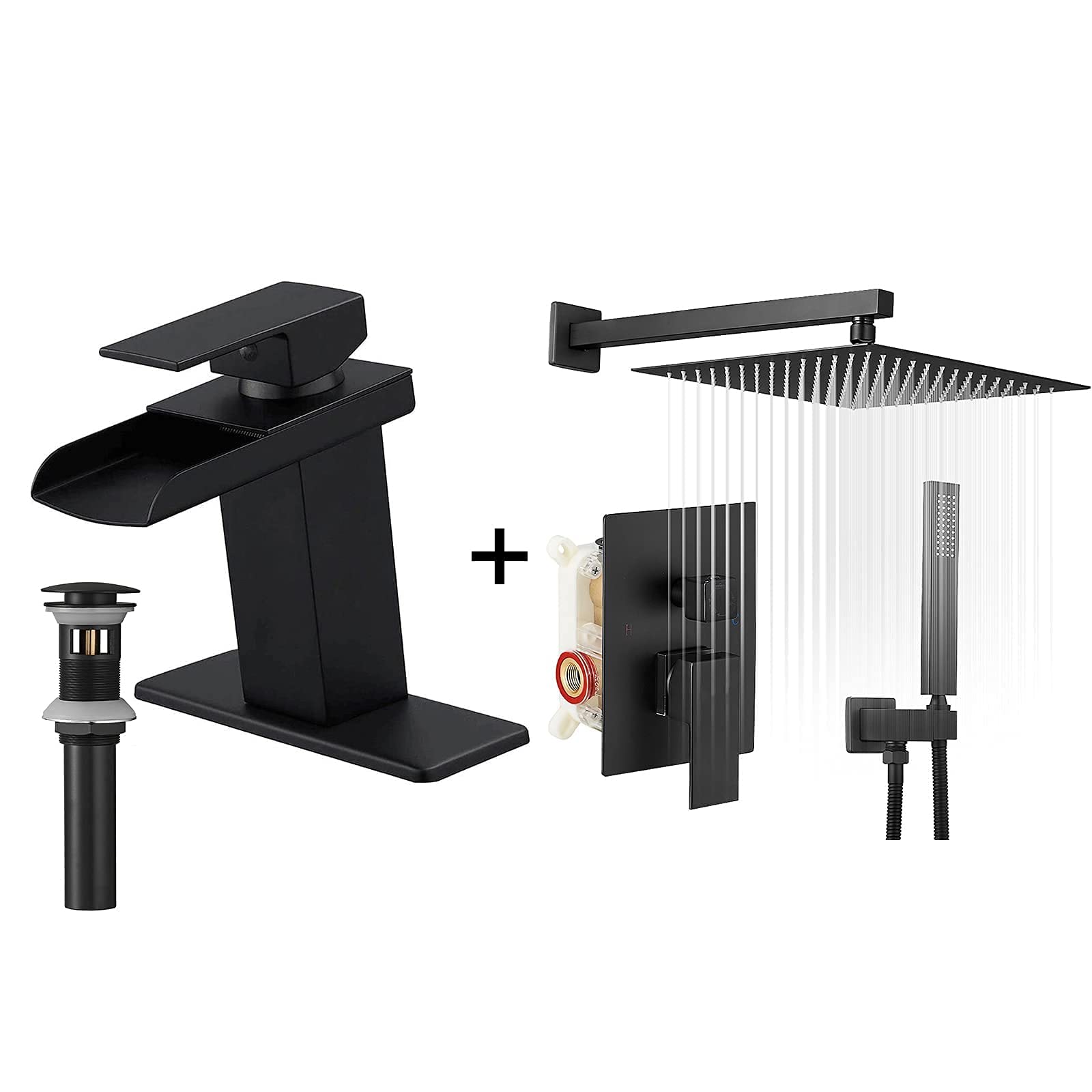 Sxithgkdw Black Matte Waterfall Bathroom Faucet And Pop Up Drain With Overflow Bundle Shower System Rainfall Shower Head 12 Inch With Handheld Spray Mixer Wall Mounted Bathroom