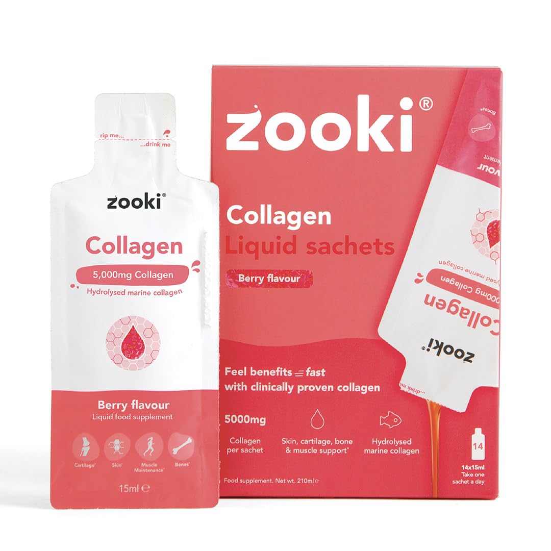 Zooki Marine Collagen Liquid Sachets 5,000mg – Great Taste, Sugar Free – High Strength Marine Collagen Supplements for Women & Men – Skin, Joints & Hair (Berry Flavour, 30 Servings)