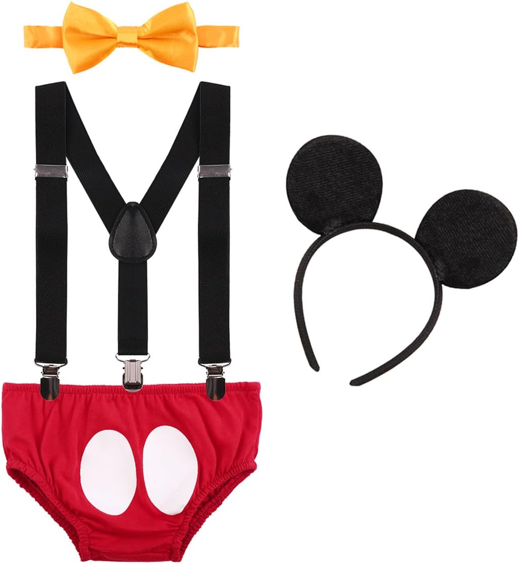IBTOM CASTLE Baby Boys First Birthday 1st/2nd/3rd Costume Cake Smash Outfits Y Back Suspenders Bloomers Bowtie Set Mouse Ear