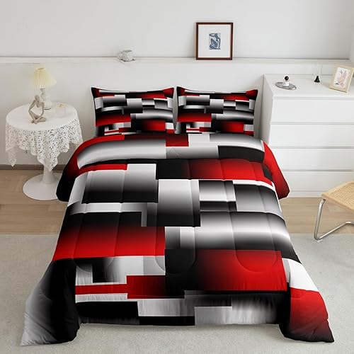 Feelyou Juego de edredón geométrico negro y rojo para niños, juego de ropa de cama rectangular con diseño geométrico 3D para mujeres y hombres,