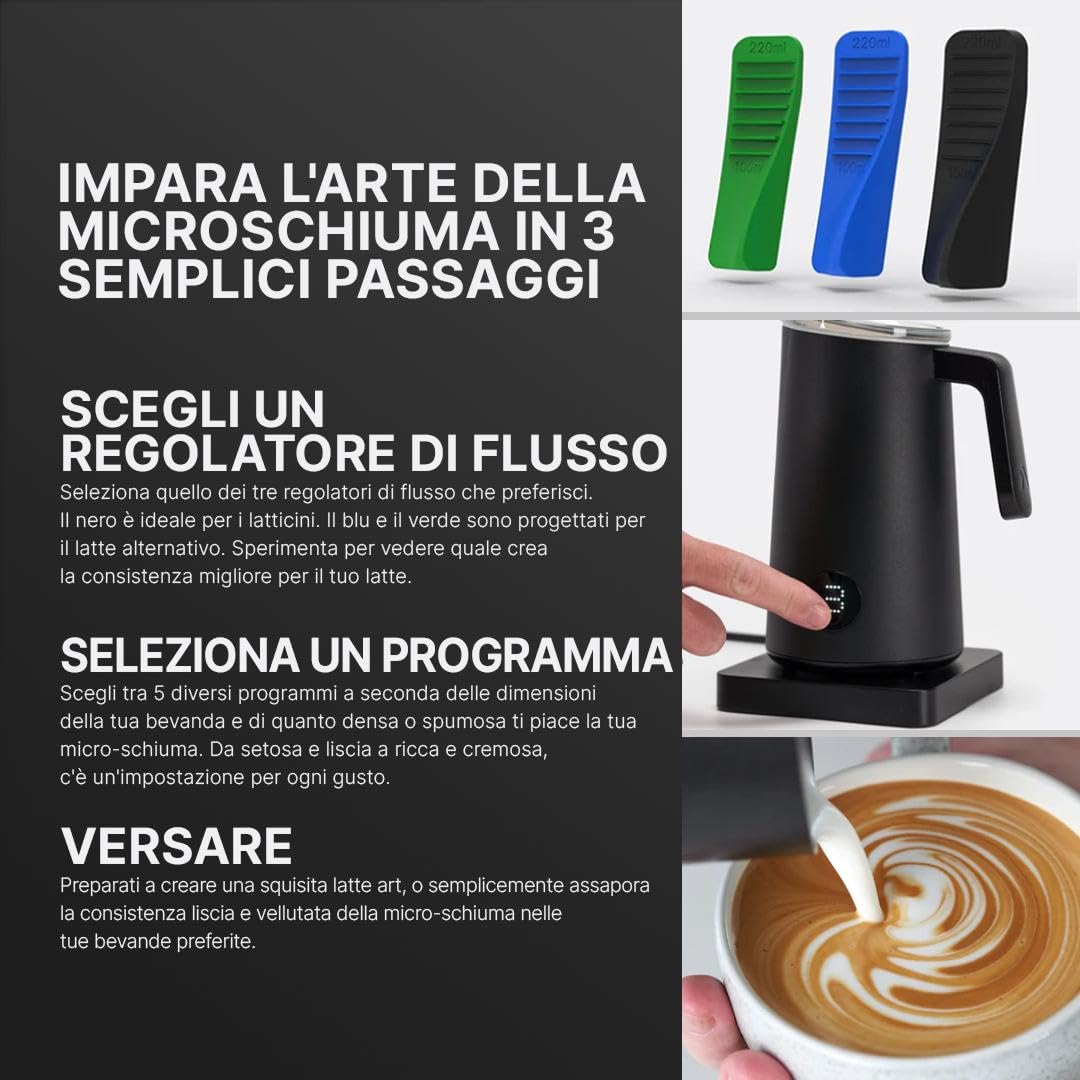 Subminimal NanoFoamer PRO, Frullino Montalatte Elettrico Senza Maniglie, Schiuma Latte Professionale per Latte Art, 3 Flussometri Inclusi, Compatibile con Tutti i Latti, Nero