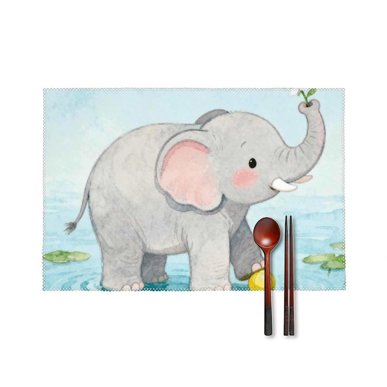Elephant Placemats Set of 6, 12x18 Inch Heat Resistant Washable Canvas Table Mats, Stain Resistant Decorative Dining Placemats for Kitchen, Restaurant, Outdoor Party