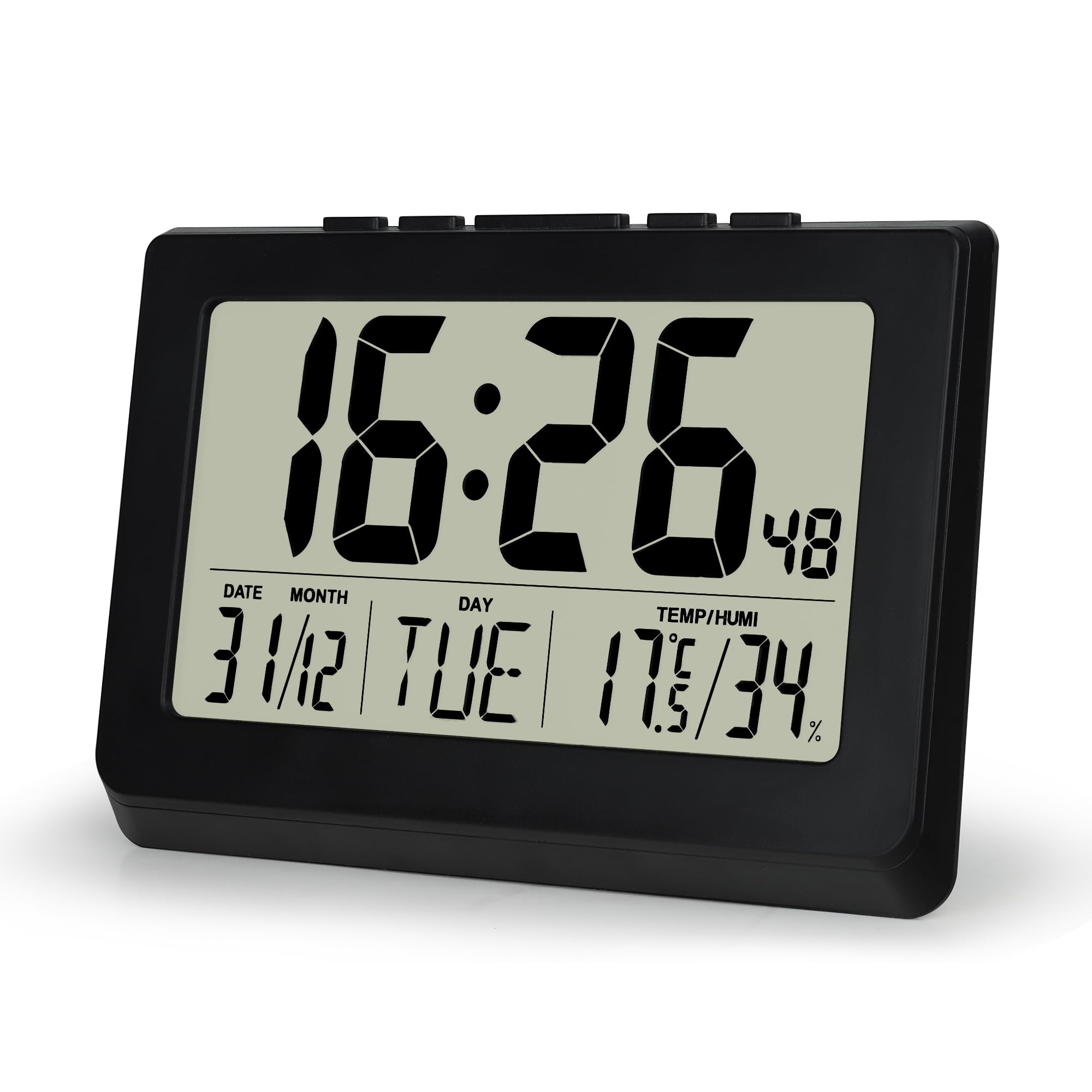 Lafocuse 10" Reloj de Pared Digital LCD Pantalla Grande, Silencioso Reloj Digital Pilas de Sobremesa con Temperatura, Humedad, Fecha, Alarma, Snooze, 12/24 Horas, para Salon Cocina Oficina, Negro