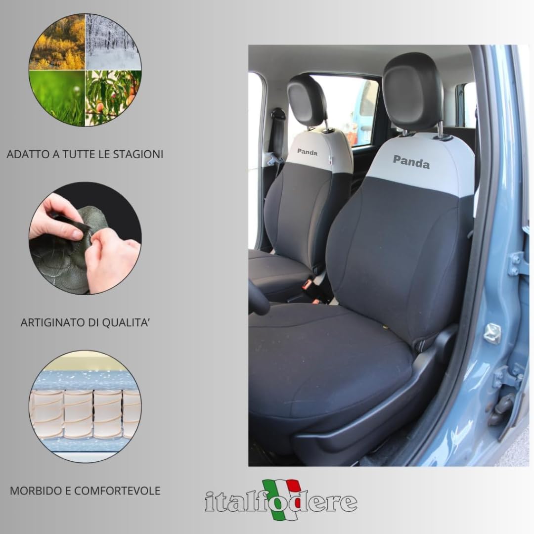Italfodere - Accessori Auto - Coprisedili Auto Su Misura per Fiat Panda 3ª Serie 2012 in poi - Anteriori - In Cotone - Facile da Installare - Fatti a Mano - Made in Italy - Grigio e Nero