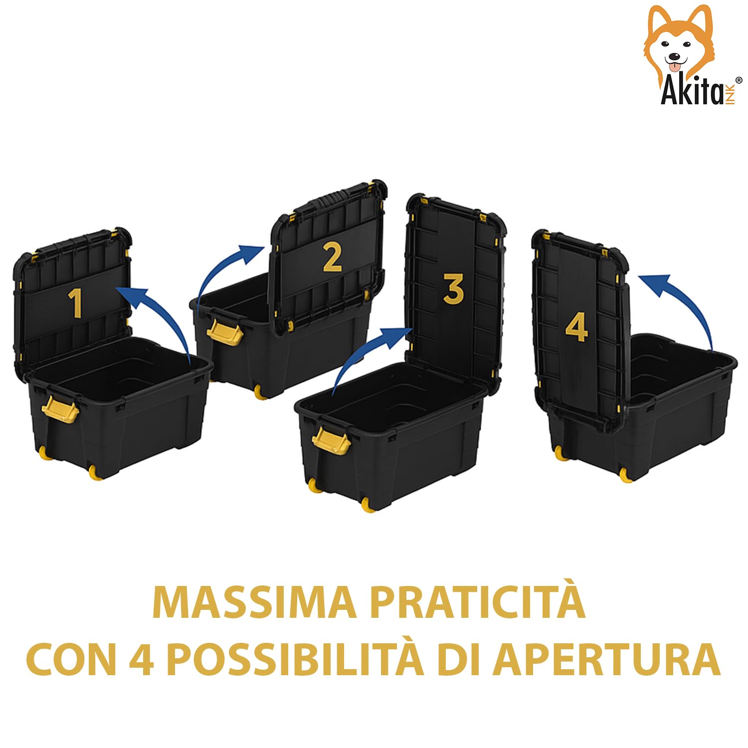 AKITAInk Contenitore Box con Ruote 60L e Coperchio - 39x36x59 cm - Magic 4 Aperture- Scatola Portaoggetti in Polipropilene Resistente, per Casa, Ufficio e Garage, Made in Italy (NERO, 60 L)