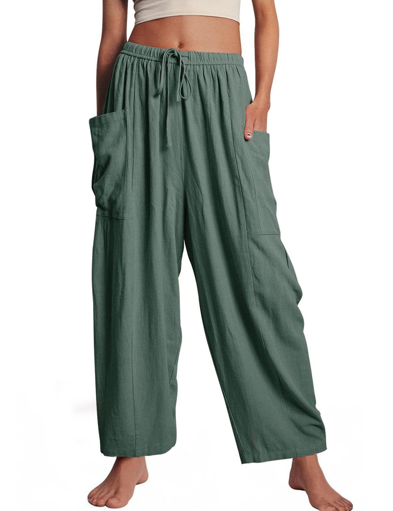 Kissonic Womens Wide Leg Pants Casual Loose Drawstring Flowy Summer Beach Palazzo Harem Pants with Pockets