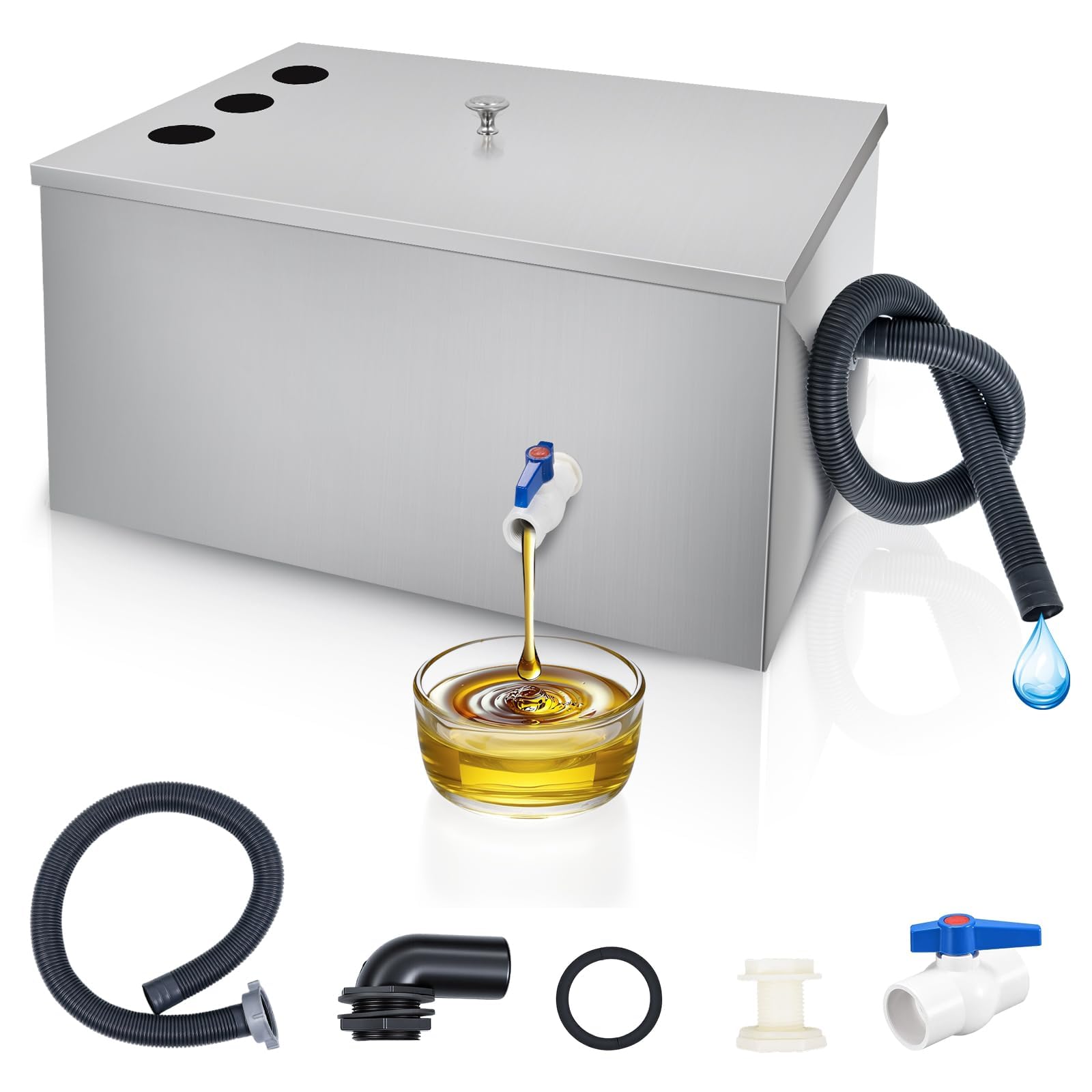 Piège à graisse commercial en acier inoxydable 72L avec 3 entrées supérieures pour maison, restaurant, cantine, évier de cuisine, avec déflecteurs amovibles 60 x 40 x 30 cm