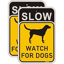 2 Pack Slow Watch For Dogs Sign Slow Down Dogs At Play Safety Signs 18 x 12" Metal Reflective Rust Aluminum Weatherproof UV Protected Easy Mounting Indoor Outdoor Use