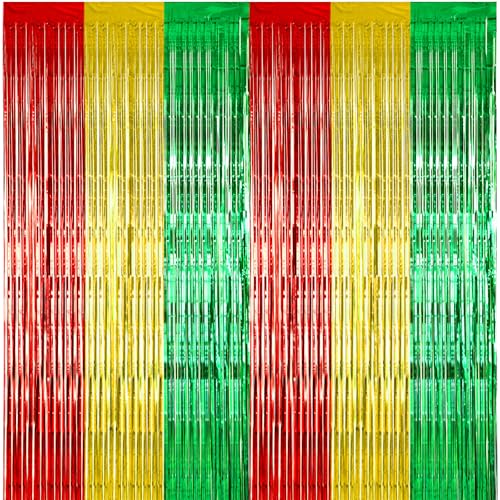 Wavwavw 4 Pcs Juneteenth Party Decorations Freedom Day Foil Fringe Curtain Backdrop 100 x 39 Inch Metallic Foil Fringe Tinsel Decor Yellow Red Green African American Decor for Party Photo Props