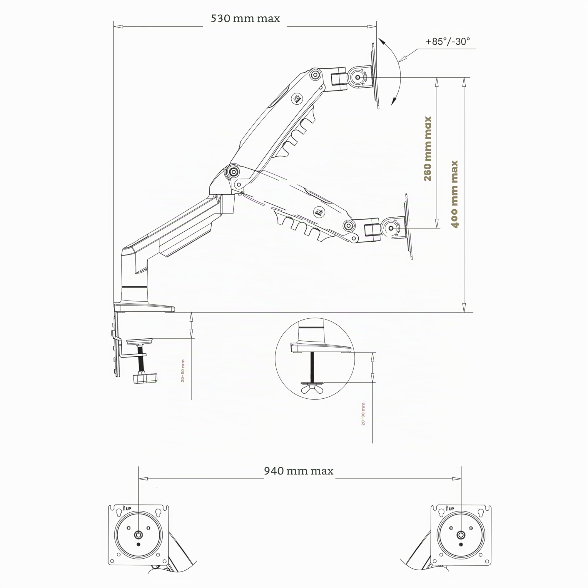 Support de Bureau pour 2 écrans PC LCD LED 17"-27" réglage Plusieurs Axes Pivot Ressort à gaz 2x9 kg
