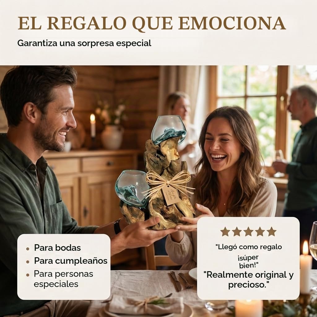 Jarrón doble de cristal sobre raíz de madera Gamal - Diámetro de cristal 9-10 cm hecho a mano, pieza única de madera como idea de regalo para decoración Do10L