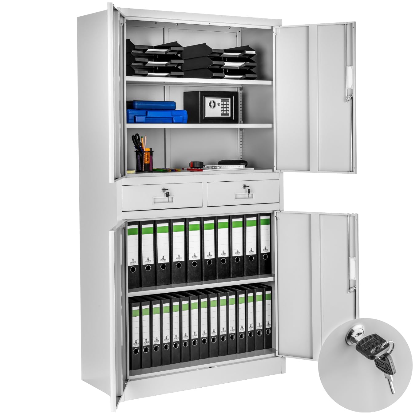 tectake Armoire de Rangement Metal Armoire de Bureau avec Serrure 4 Portes battantes et 2 tiroirs verrouillables pour Rangement Dossier, 80 x 40 x 180 cm - Gris Clair