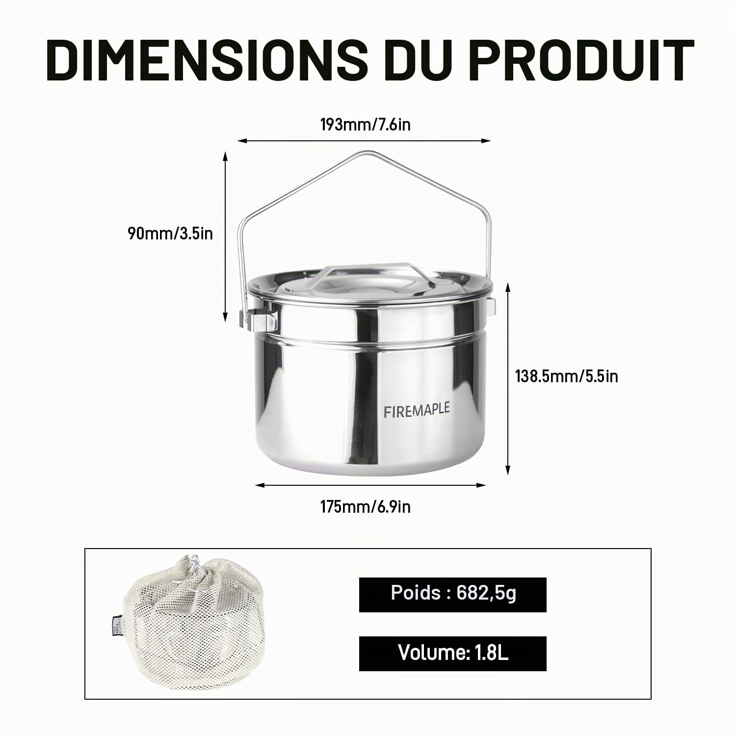 Fire-Maple Antarcti Pot de Camping en Acier Inoxydable 1,8L avec Panier Vapeur – Poignée Pliable pour Feu de Camp
