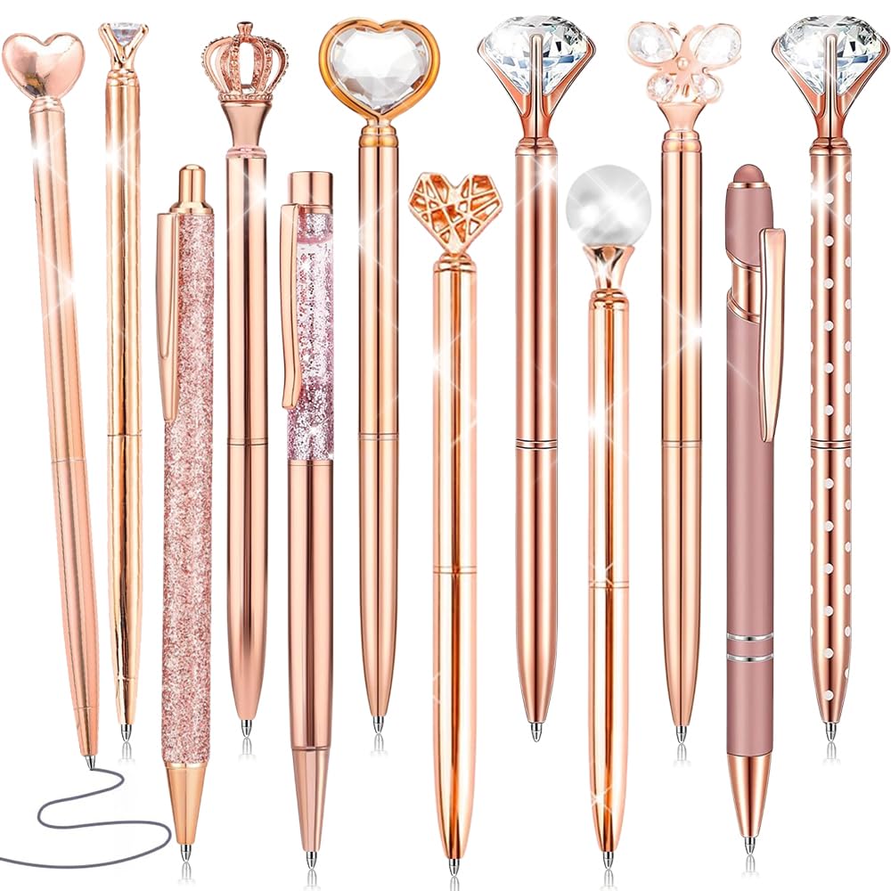 12Pcs Diamond Ballpoint Pens, Glitter Crystal Metal Pens with Black Ink, Retractable Elegant Bling Ballpoint Pens
