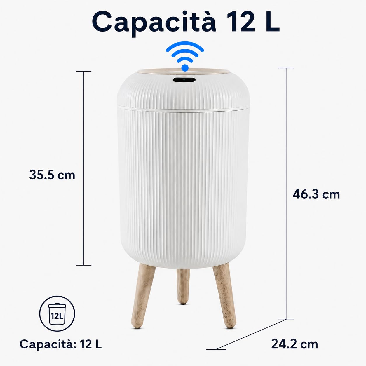 Pattumiera da Bagno 12L Automatica con Sensore - Intelligente per Cucina/Camera, Design Sottile Bianco, Copertura Ermetica Anti Odore (Batteria 6 Mesi)
