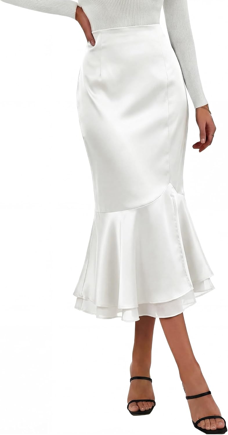 DERAX Womens Satin Midi Mermaid Skirt Silk Bodycon High Waisted Flowy Ruffled Tiered Spring Summer Elegant Fishtail Skirts