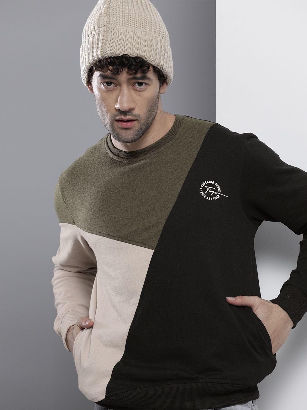 The Indian Garage Co Męska bluza z okrągłym dekoltem w blokach kolorów, regularny krój