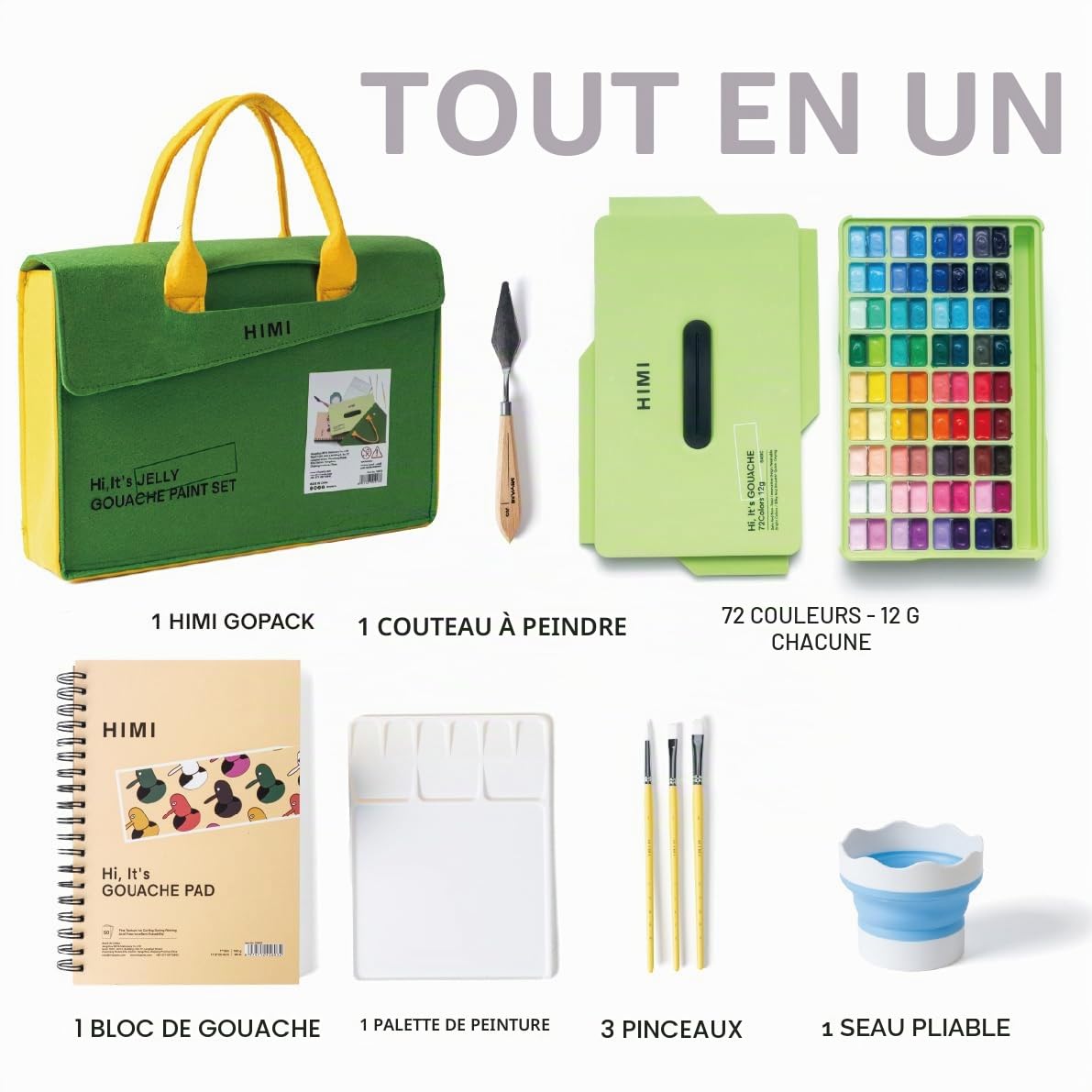 HIMI Go Pack Gouache Lot de 80 Accessoires de Peinture Professionnel 72 Couleurs 3 Pinceaux Palette Couteau à Dessin Tampon Pliable Bucquet Excellent Kit pour Artistes