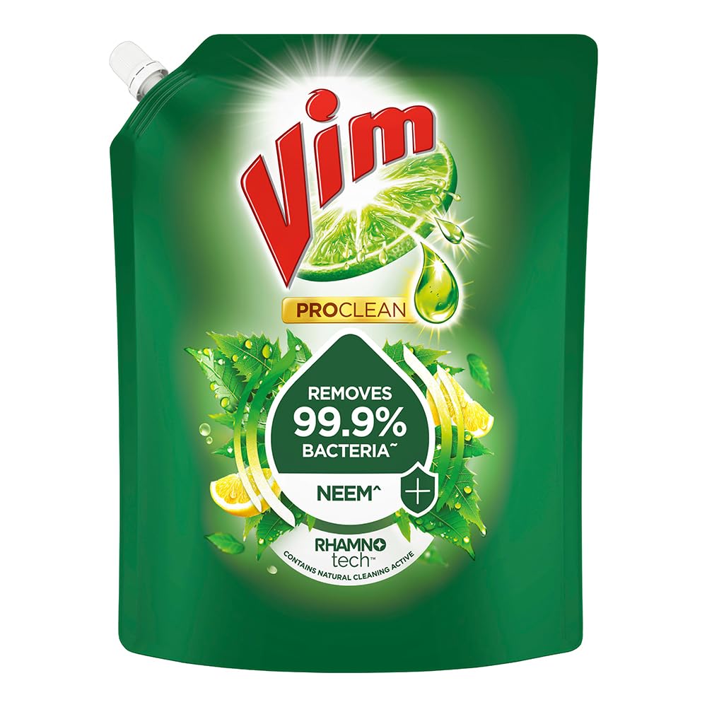 Vim ProClean Dishwash Liquid Gel with Neem powered by RhamnoTech™, Removes 99.9%* Bacteria, Removes Tough Grease and Odours, 1700ml