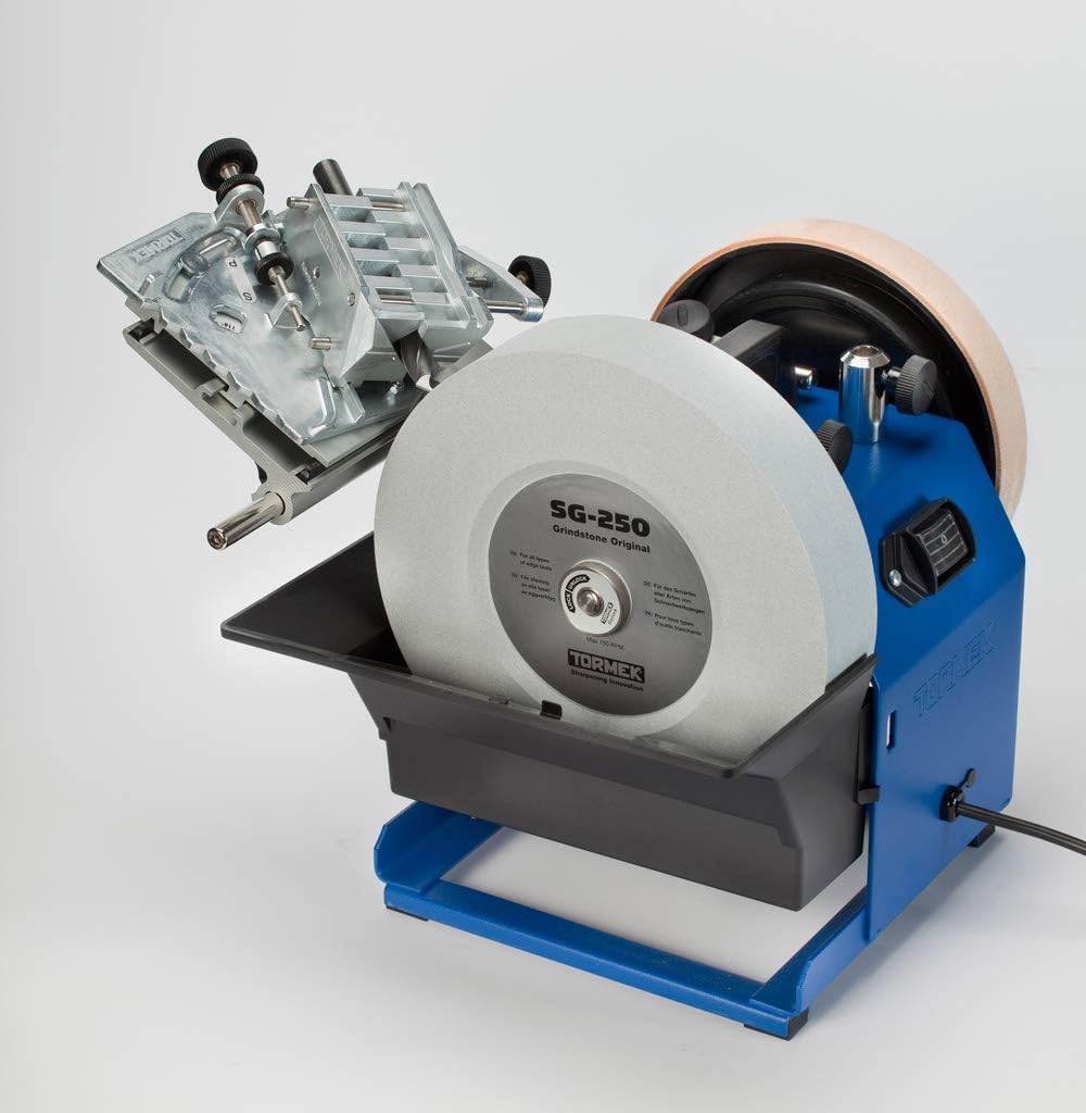 Tormek DBS-22 jig mounted on a Tormek sharpening system, ready for use.