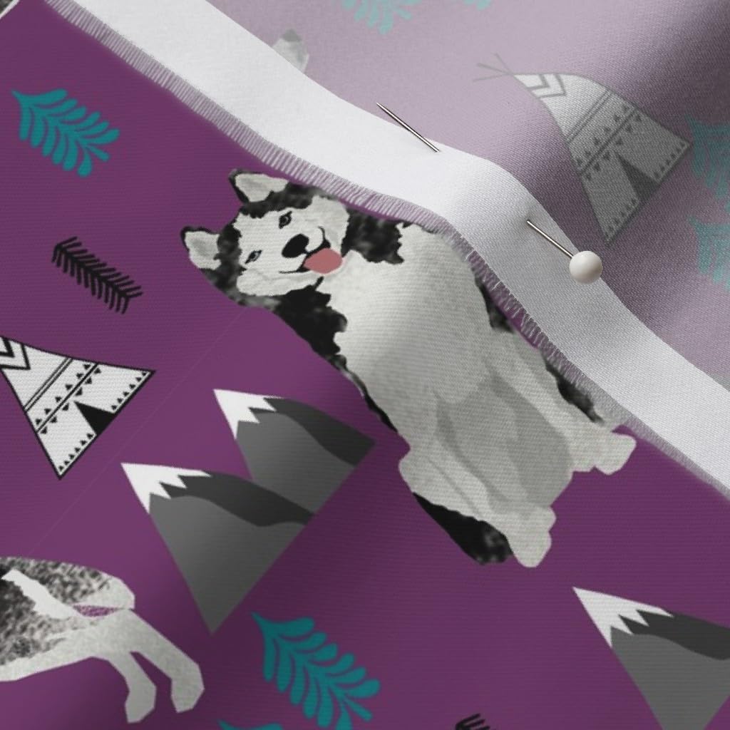 Spoonflower Fabric - Husky Siberian Dogs Mountains Teepee Forest Purple Huskies Hiking Printed on Organic Cotton Sateen Fabric by The Yard - Sewing Quilting Apparel Home Decor