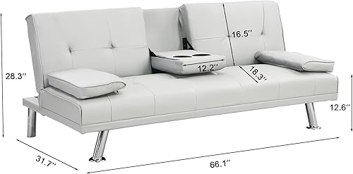 Miniatura 2 de Futón, sala de estar de cuero moderna, sofá biplaza plegable convertible, sofá cama extraíble con 2 portavasos con reposabrazos en el medio, blanco