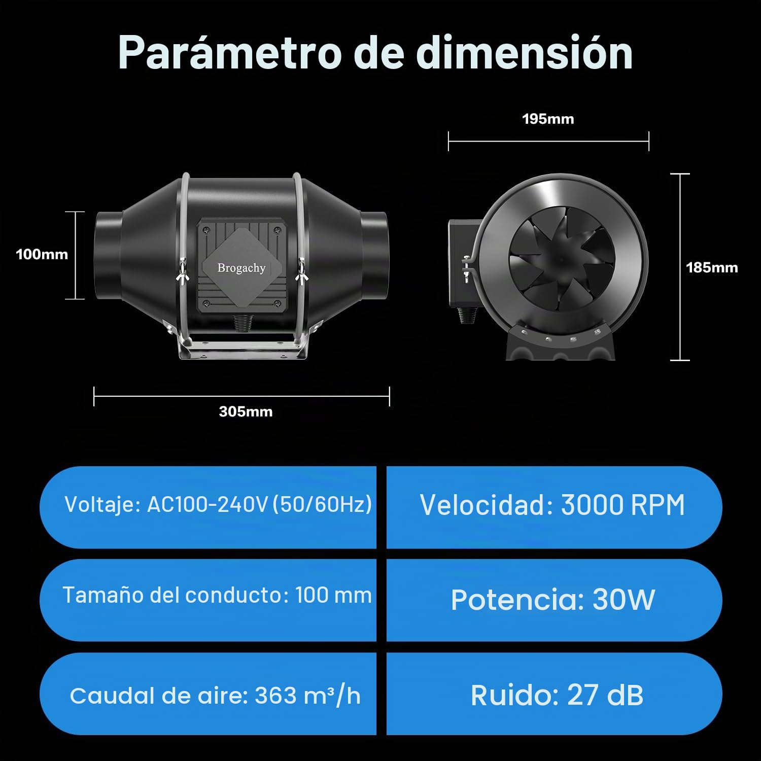 100mm Wifi App Inteligente Extractor de Aire 365m³/h, Trifásico EC Motor,3000 RPM Ventilador de extracción, Para Ventilación, Tiendas de Cultivo,Garaje de ático.