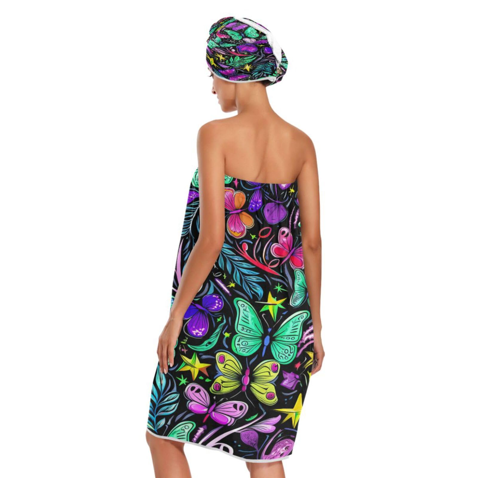 Bulletgxll Butterflies and Leaves Women's Shower Wrap Towel Set of 3 Adjustable Spa Body Wrap Super Absorbent Bathrobe with Hair Towel & Headband