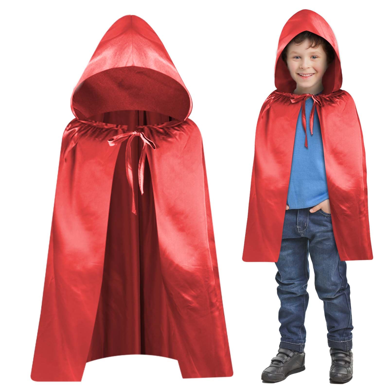 Aomig Red Kids Hooded Cloak, Unisex Cape for Witch Vampire Cosplay, Halloween Fancy Dress (60cm/23.5 inch)