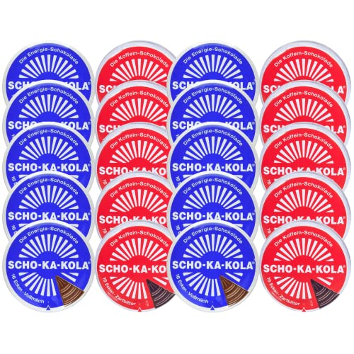 SCHO-KA-KOLA Original - Zartbitter 10er Pack (10x 100 g) & Vollmilch 10er Pack (10 x 100g) I Schokoladen-Tafel in der Dose I Koffein Schokolade I Schokoladen Snack I Kaffee Knabberartikel