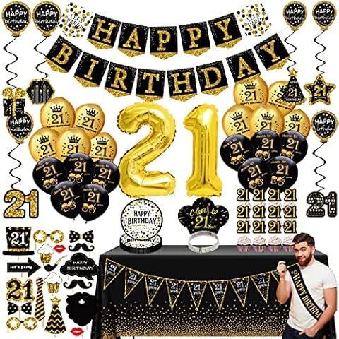 21st Birthday Decorations for him - (76pack) Black Gold Party Banner, Pennant, Hanging Swirl, Birthday Balloons, Tablecloths, Cupcake Topper, Crown, Plates, Photo Props, Birthday Sash for Men Gifts Cover