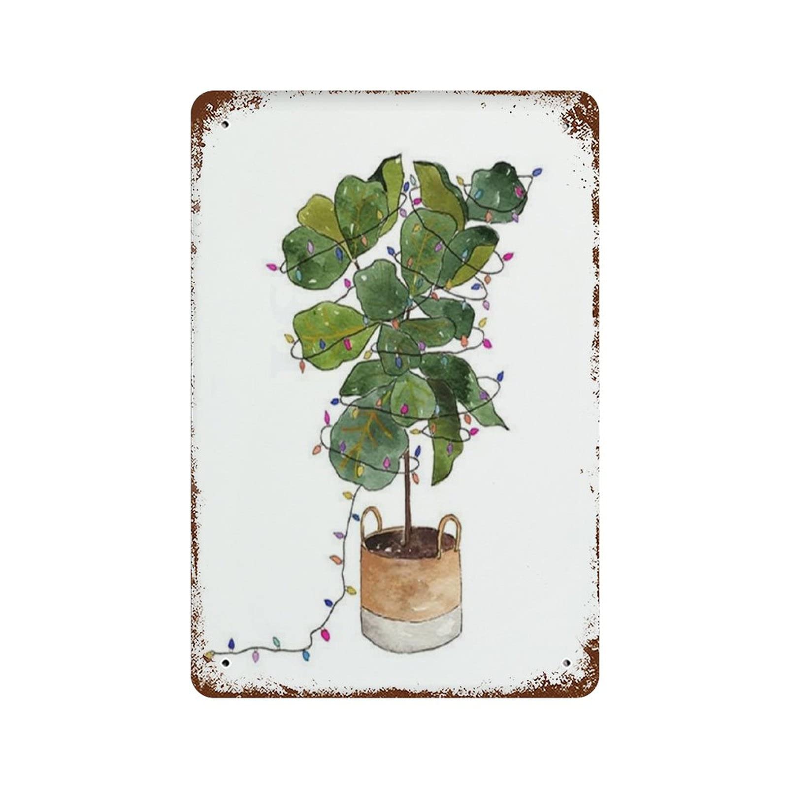 peiyeety Holiday Lights Potted Fiddle Leaf Fig Plant Christmas Lights Holiday Anique Metal Tin Sign for Men Women Decor Aluminum Sign Wall Sign for Bars Restaurants Cafes Pubs 8x5.5 Inch