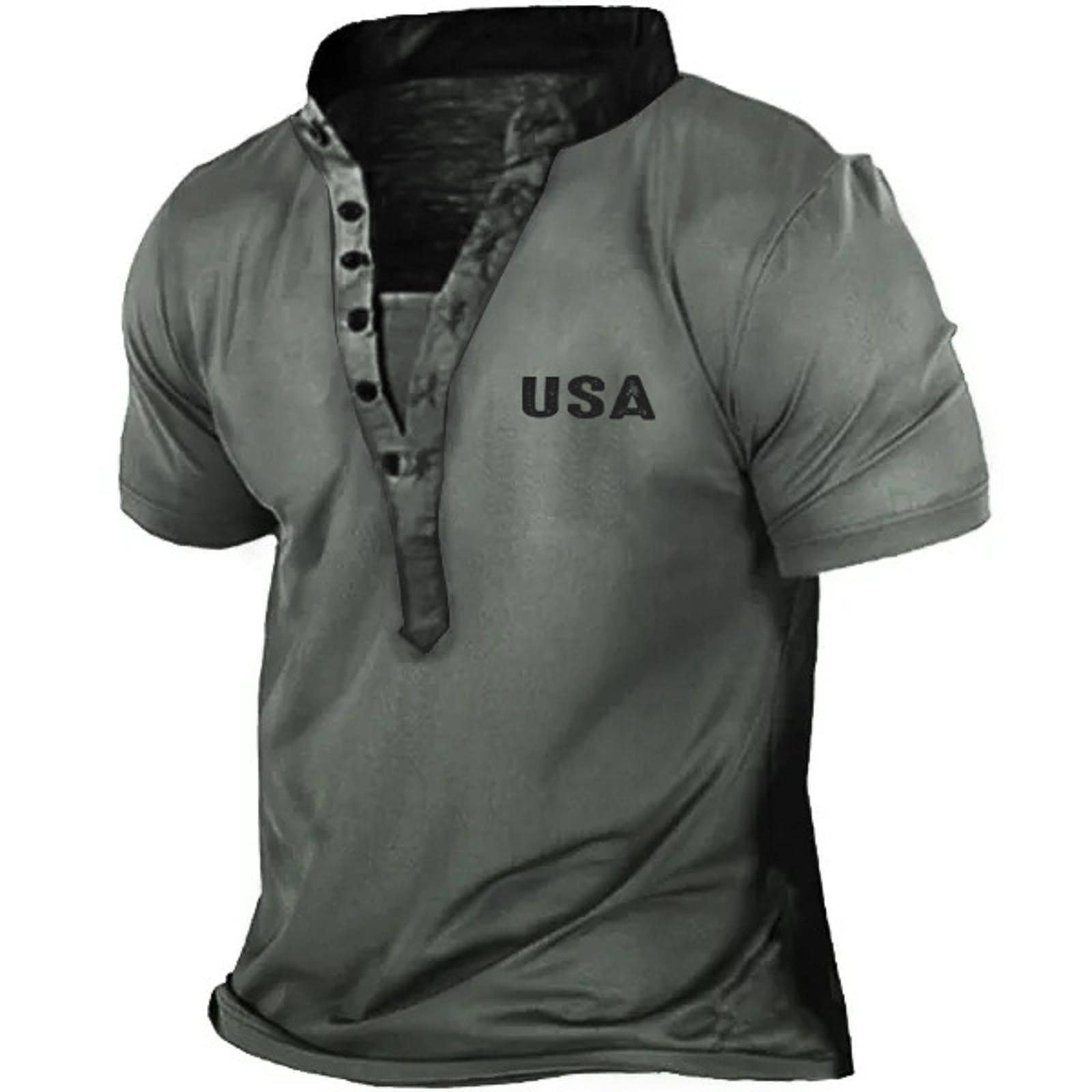 HanzhuoLGMen's Outdoor Tactical T Shirt Fashion Letters USA Print 7 Buttons Henley Collar Short Sleeve Tee