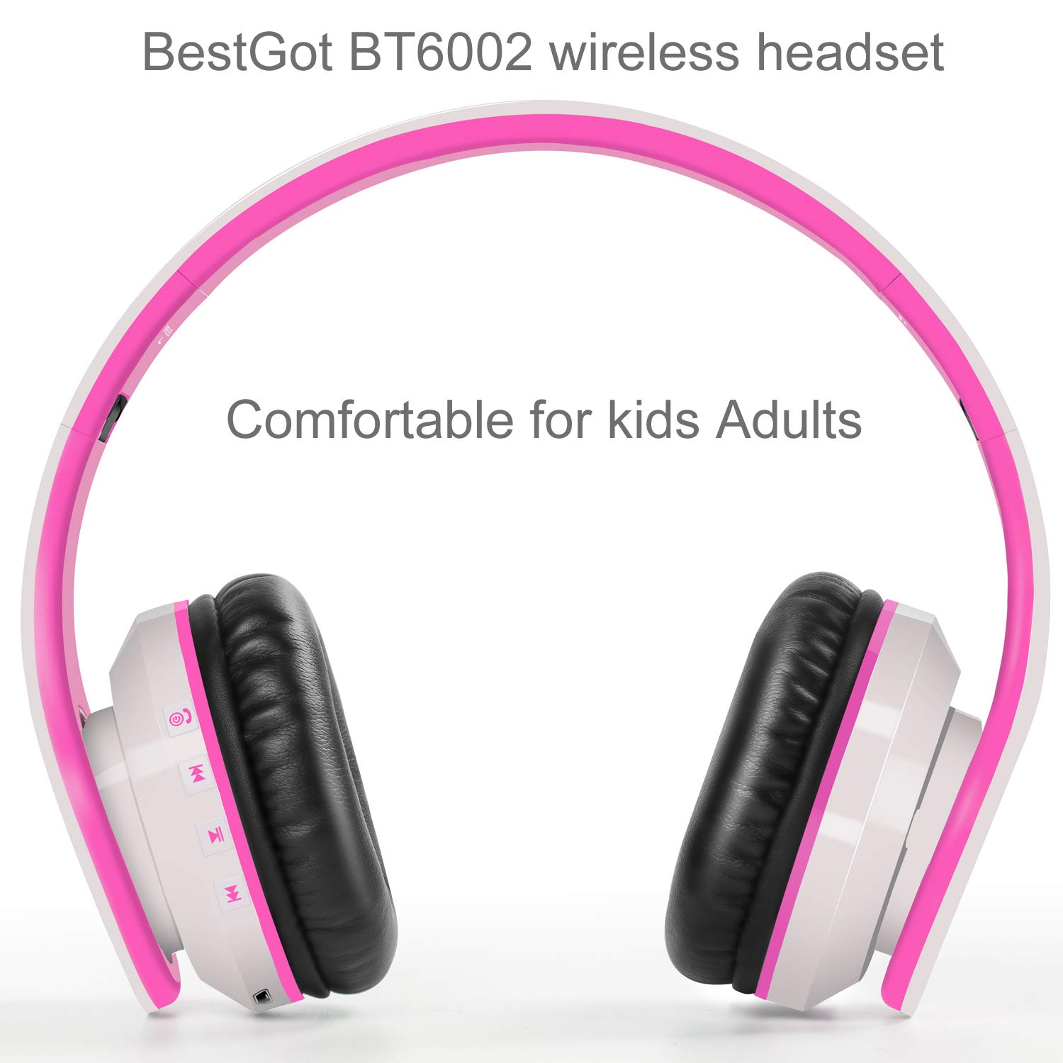 BT6002 - Auriculares inalámbricos Bluetooth para niños, volumen limitado, 85/110 dB, para escuela, plegables, para 60 horas, PC, teléfono, tabletas, TV (blanco/rosa)