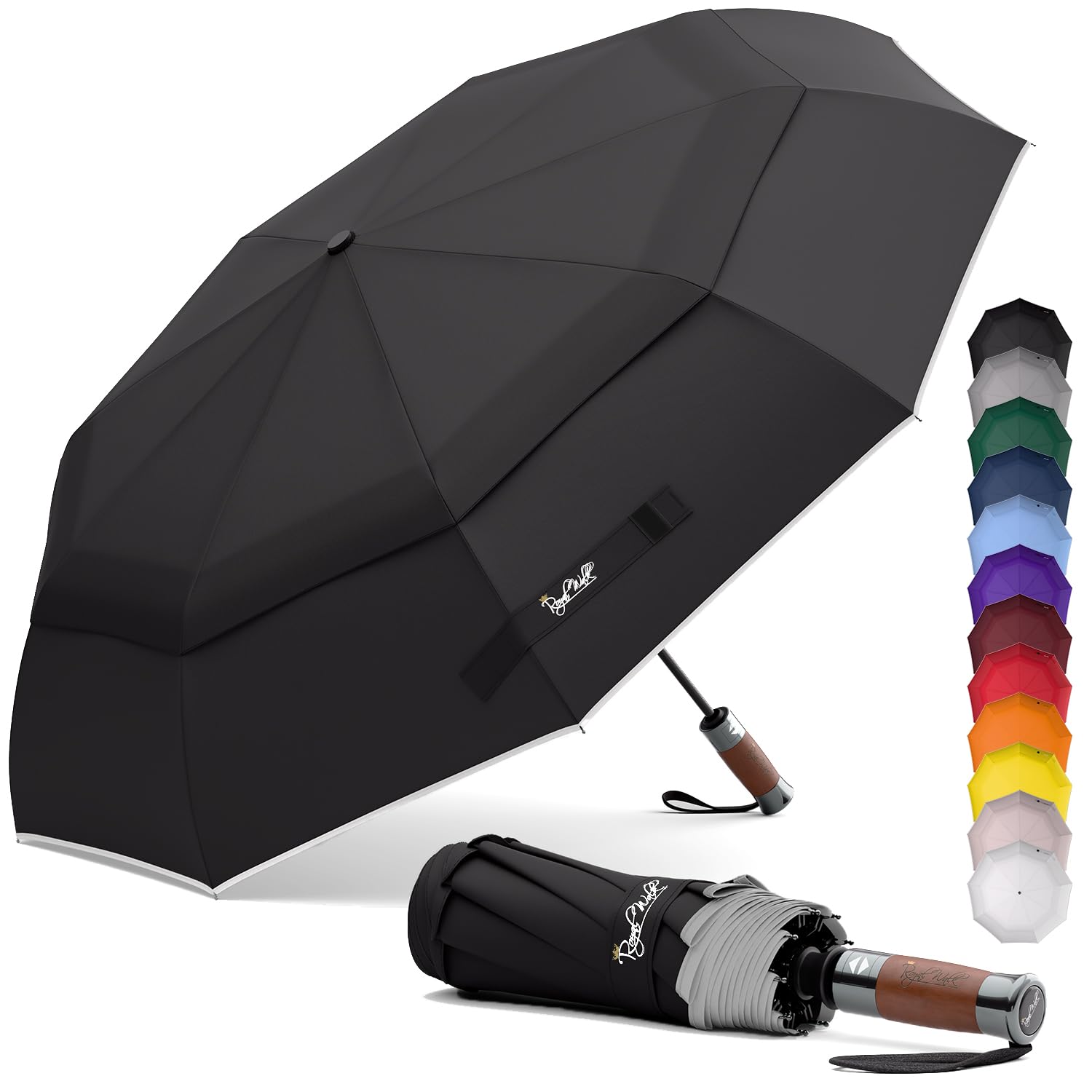 Royal Walk Paraguas de viaje plegable resistente al viento, compacto y fuerte, mango de madera auténtica, apertura automática, doble toldo ventilado para hombres y mujeres, Black, L, Moderno