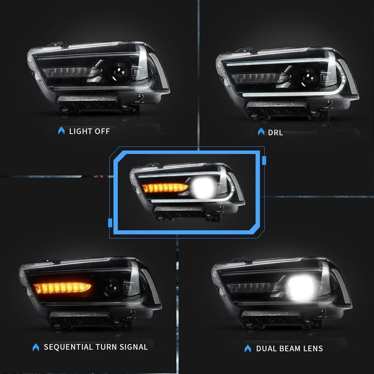 VLAND Projector Headlights Compatible with Dodge Charger 2011 2012 2013 2014(Not fit 2012 Dodge Charger SE) w/Amber Turn Signal, D2H/D2S Bulbs(Not Included) for Dual Beam