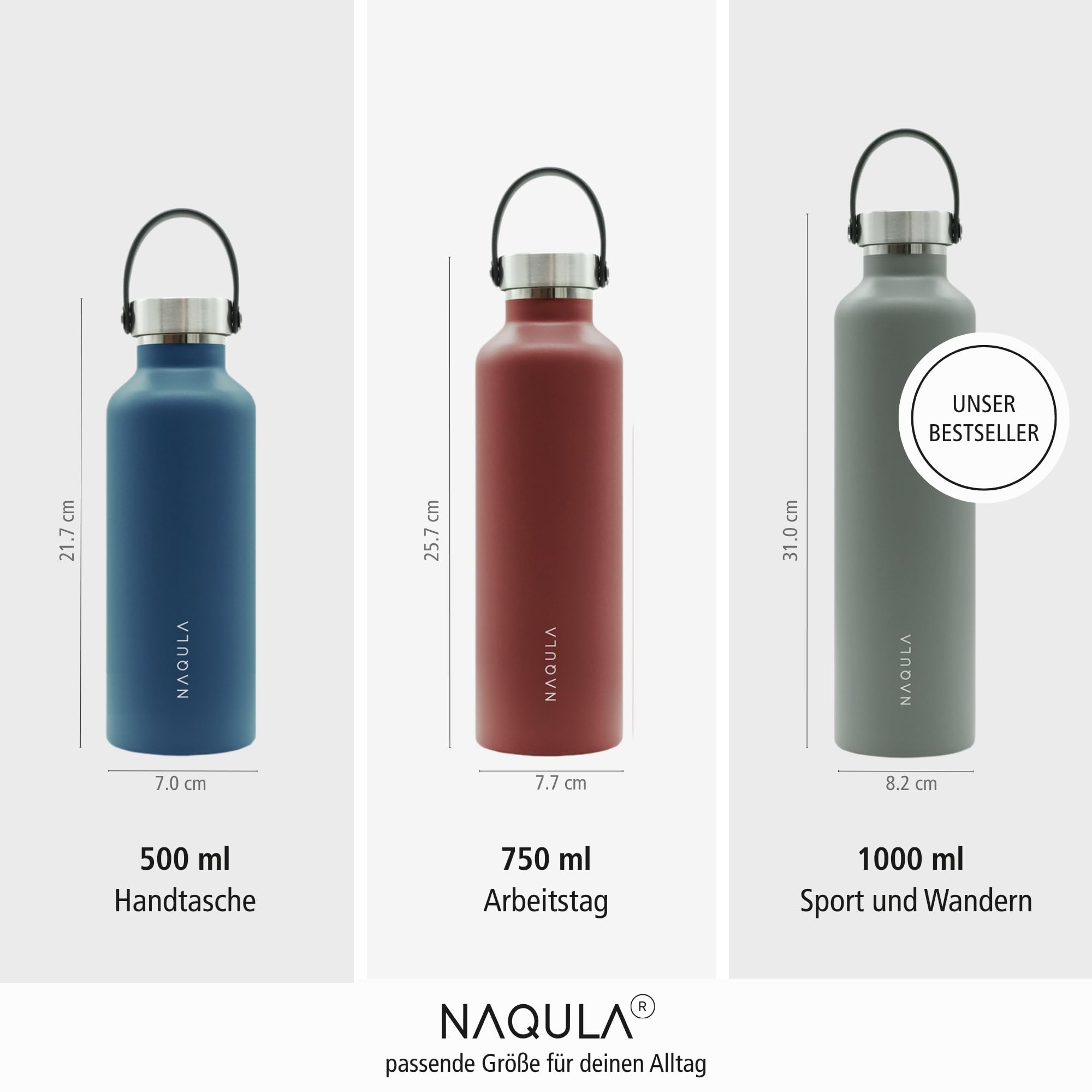 Termo NAQULA con asa y colador extraíble para té o frutas. Botella de acero inoxidable a prueba de fugas, apta para bebidas carbonatadas, termo caliente y frío (negro, 1000 ml)