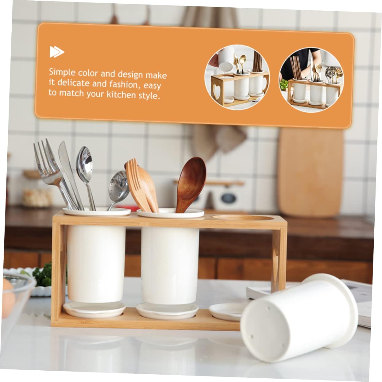 Cabilock Ceramic Chopstick Holder Bamboo Rack 3-Tier Utensil Organizer for Kitchen Counter Multi-Functional Cutlery Storage for Spoons and Forks Easy Drain Design